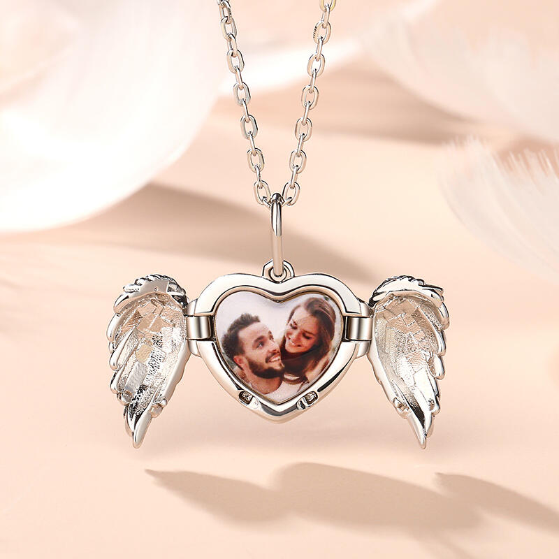 Jeulia Openable Angel Wings Heart Personalized Sterling Silver Photo Necklace