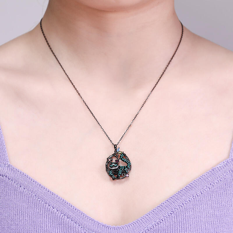 Jeulia "Disappearing Secret" Cat Enamel Sterling Silver Necklace