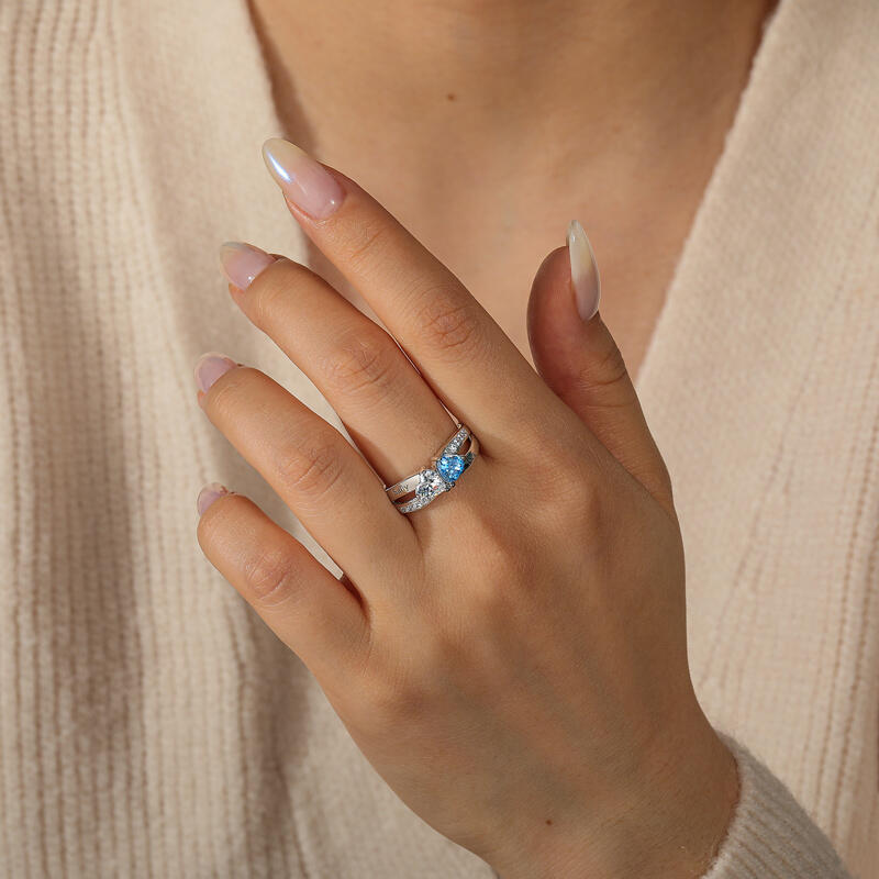Jeulia Anillo con Dos Corazones Personalizado con Piedras de Nacimiento Diseño Trenzado Simple