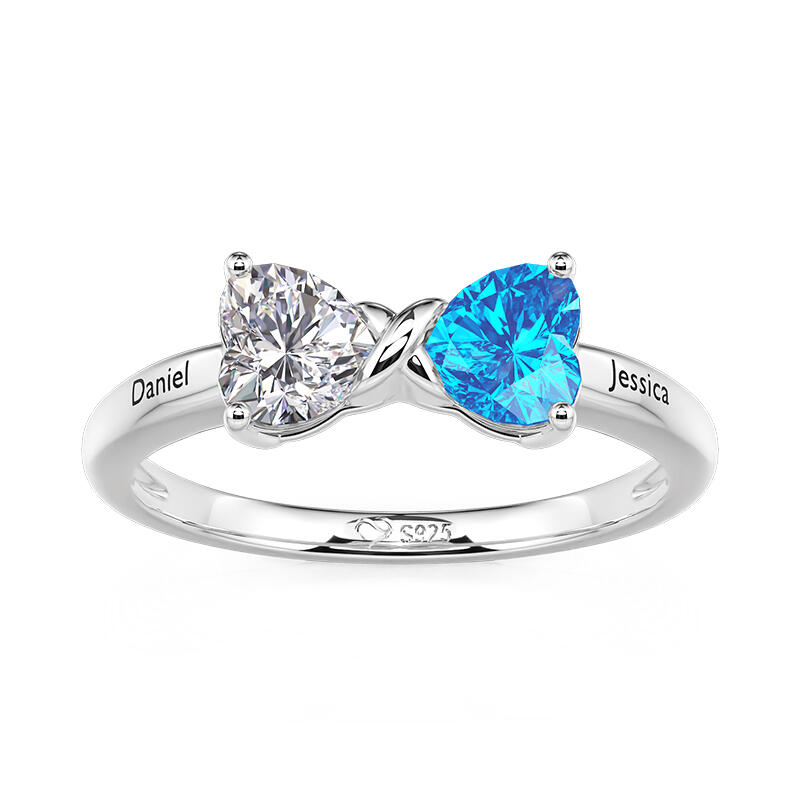 Jeulia Custom Name Double Heart Birthstone Ring with Knot Design
