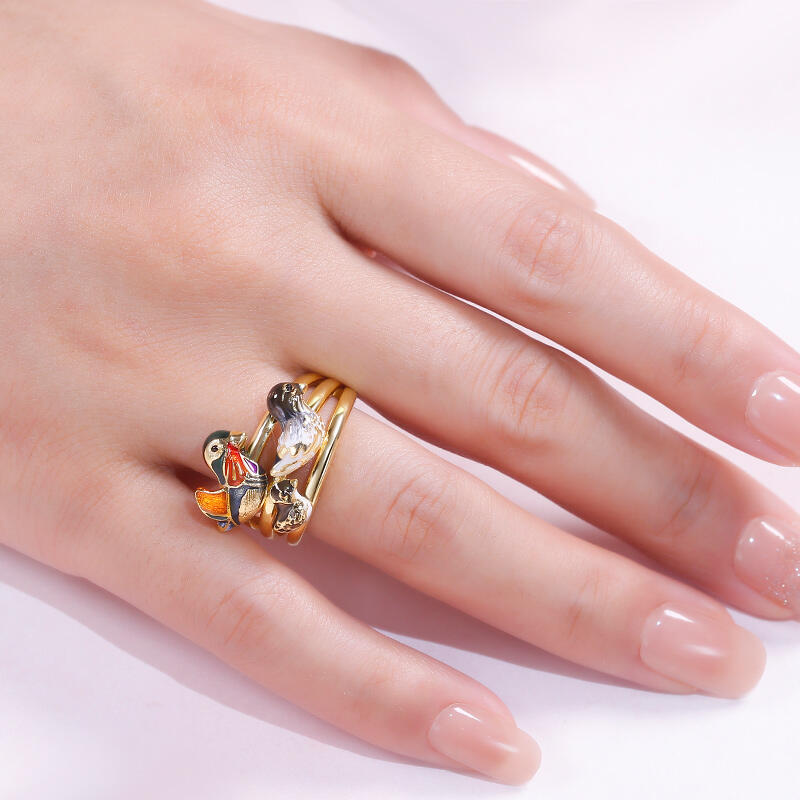 Jeulia "Utflykt tillsammans" Mandarin Duck Familj Emalj Sterling Silver Ring