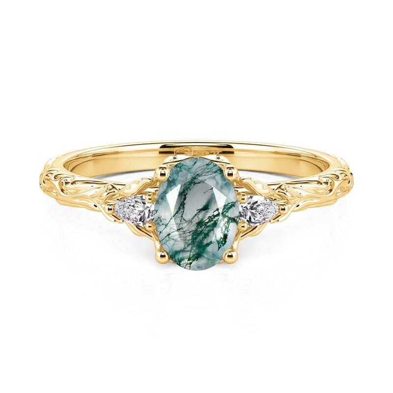 Jeulia Oval Three Stone Moss Agate Gold Wedding Ring