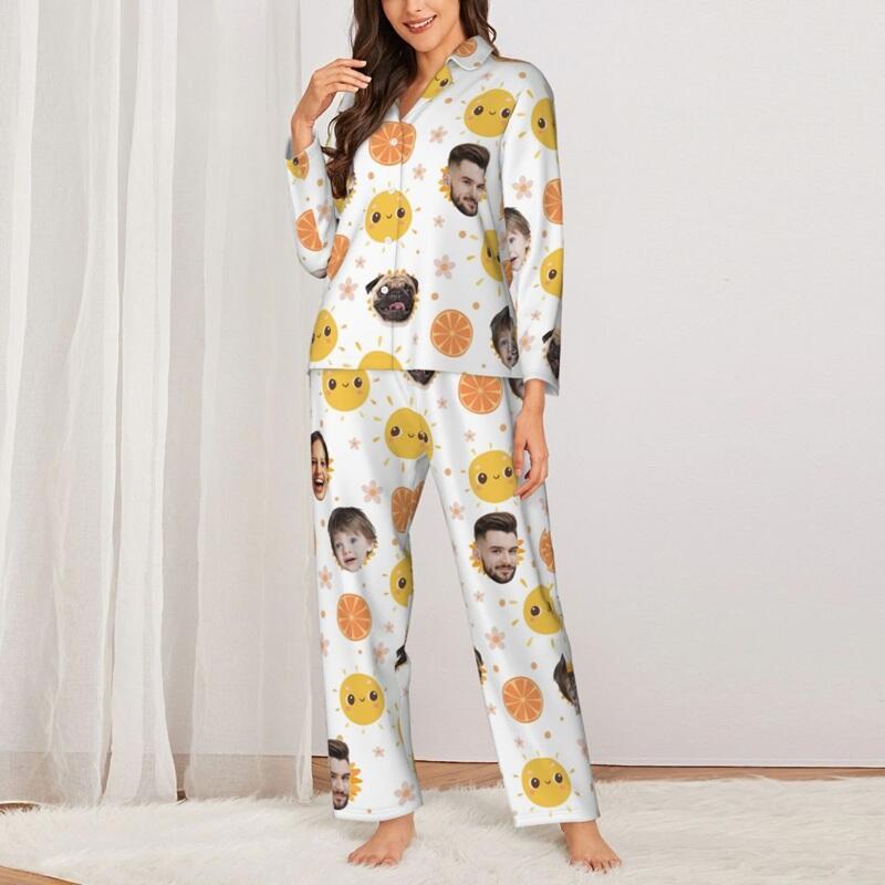 Pijamas personalizados con foto de cara personalizada, diseño de lindo patrón de sol, regalo exquisito para su familia