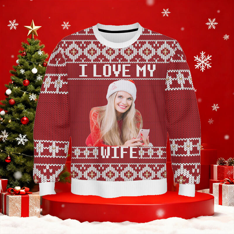 Personalized Ugly Sweater Unisex I Love My Wife Custom Photo Festive Design Christmas Gift for Loved One