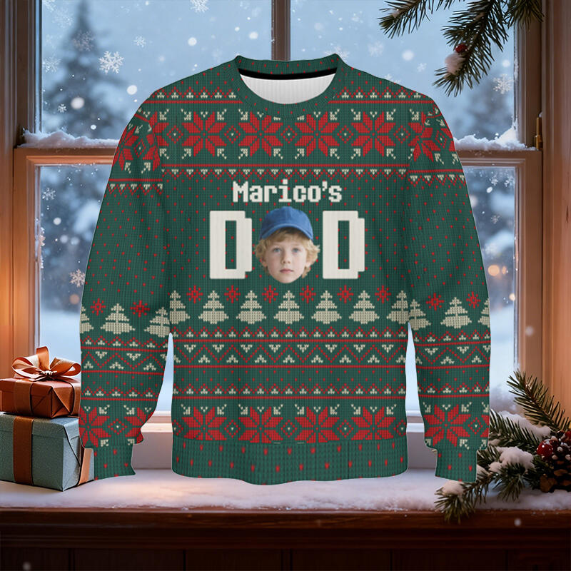 Personlig ful tröja unisex med anpassat huvudfoto och festivalmönster Design Julklapp till pappa Familj