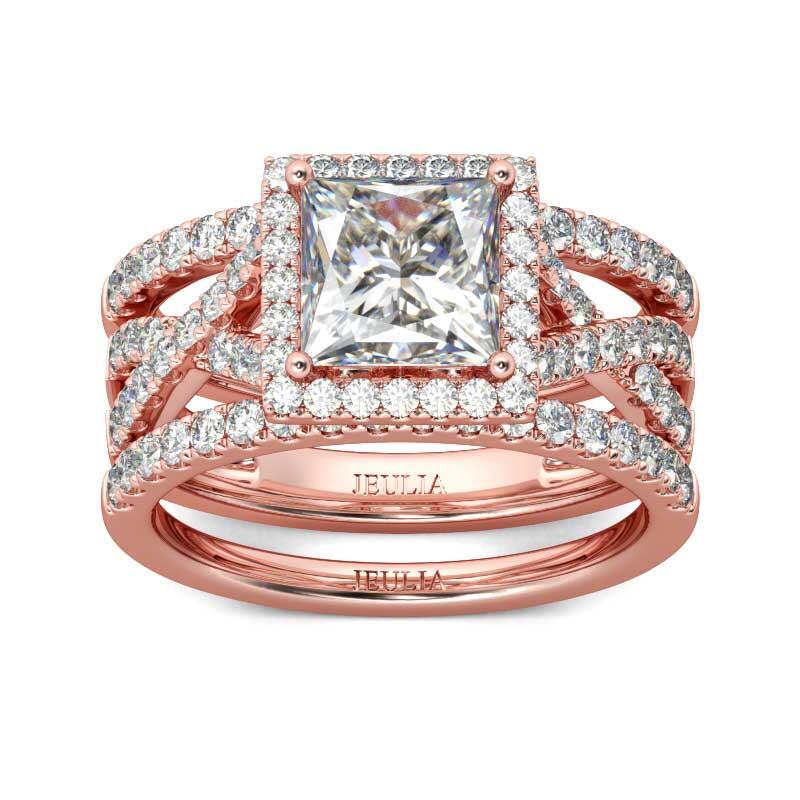Jeulia 3PC Halo Princess Cut Sterling Silver Ring Set