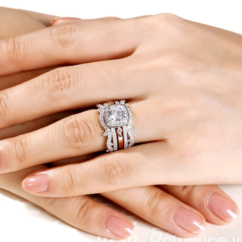 Jeulia Interchangeable Two Tone Halo Round Cut Sterling Silver Ring Set