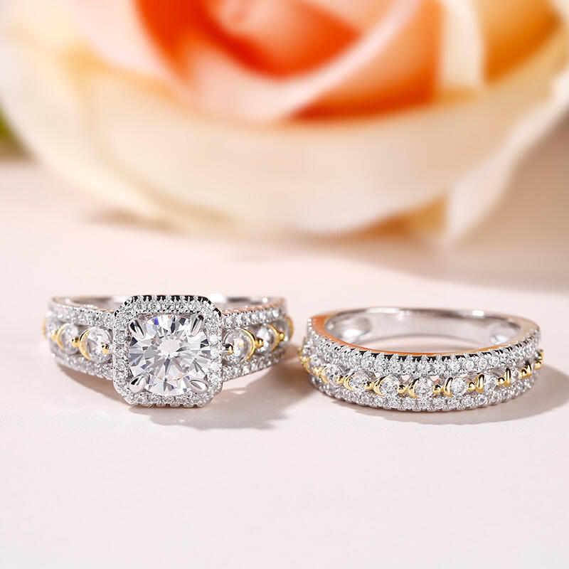 Jeulia Two Tone Halo Round Cut Sterling Silver Ring Set