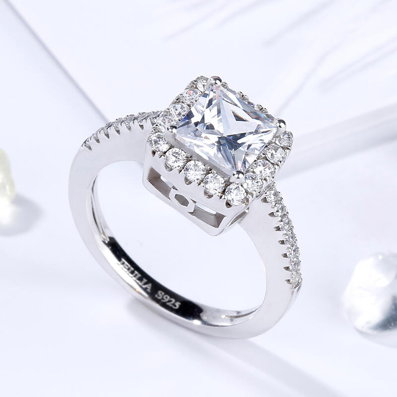 Jeulia Halo Princess Cut Sterling Silver Ring