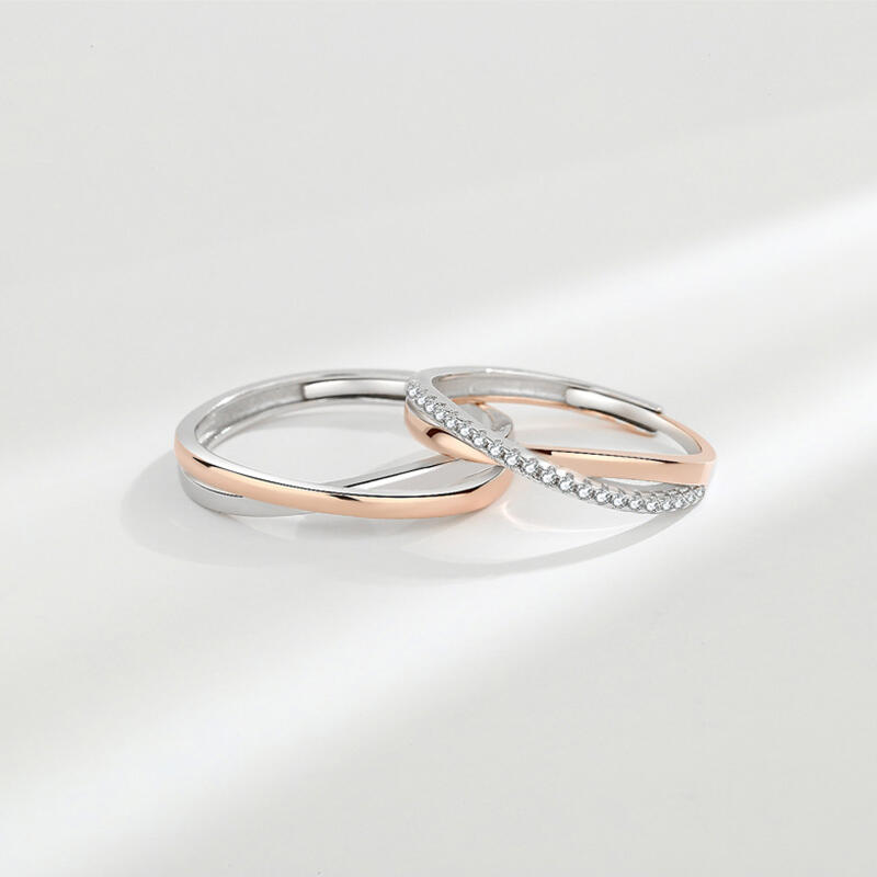 Jeulia Two Tone Crossover Sterling Silver Adjustable Couple Rings
