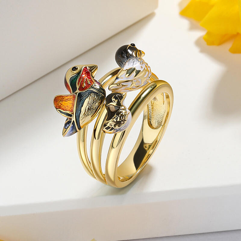Jeulia "Utflykt tillsammans" Mandarin Duck Familj Emalj Sterling Silver Ring