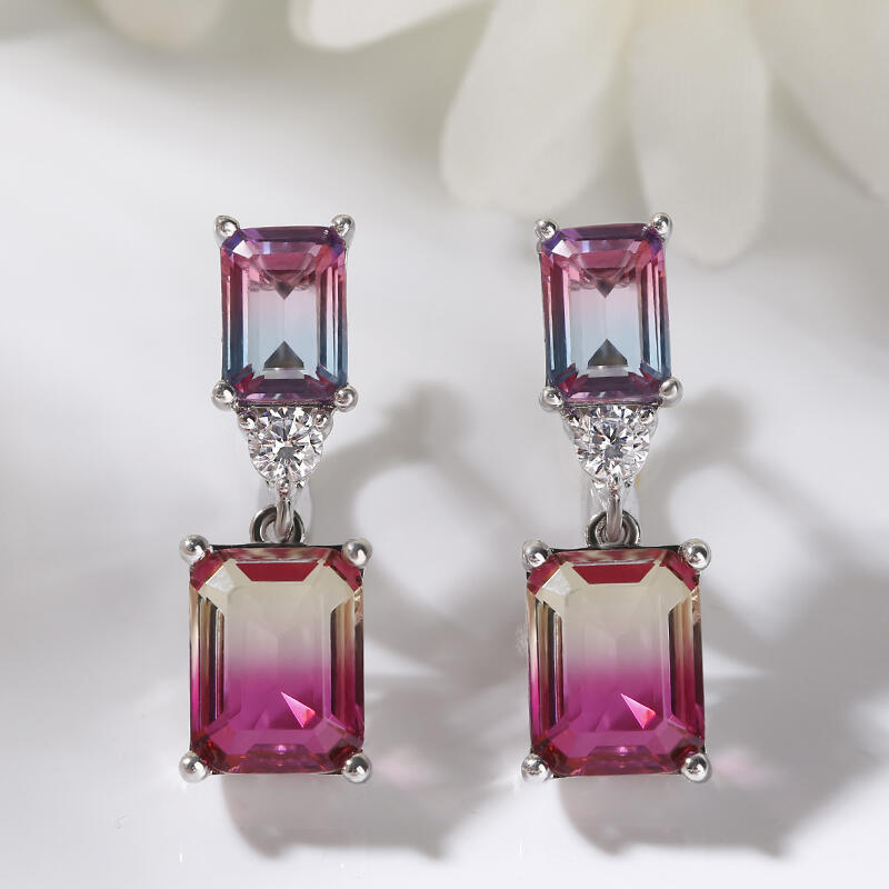 Jeulia Elegant Emerald Cut Watermelon Stone Sterling Silver Earrings