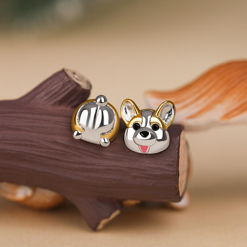Jeulia "Puppy Puppy" Corgi Dog Mismatched Sterling Silver Stud Earrings
