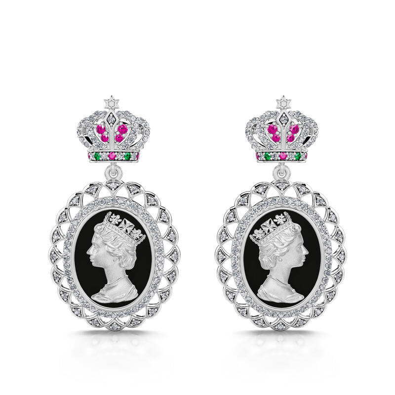 Jeulia "To Honour" Queen Elizabeth Portrait Black Enamel Sterling Silver Jewelry Set