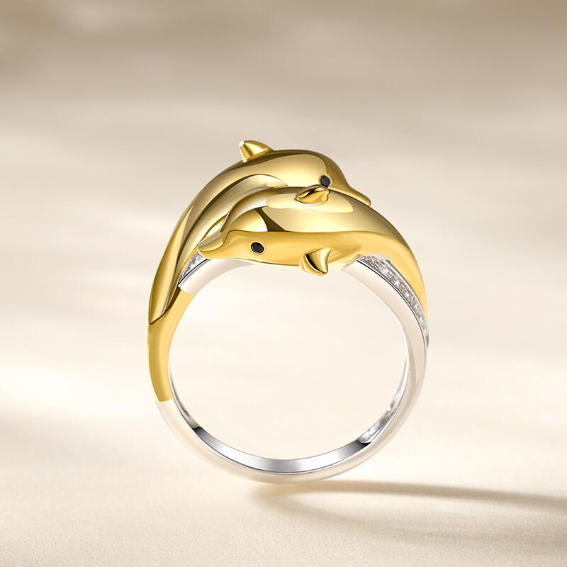Jeulia "Golden Embrace" Two Dolphins Sterling Silver Ring