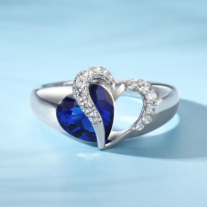 Jeulia "Vibration" Two Heart Sapphire Ring Hollow Design Sterling Silver