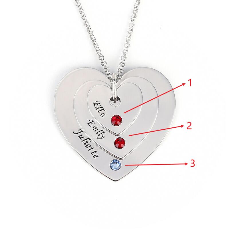 Jeulia Engraved Three Heart Necklace With Birthstones Sterling Silver
