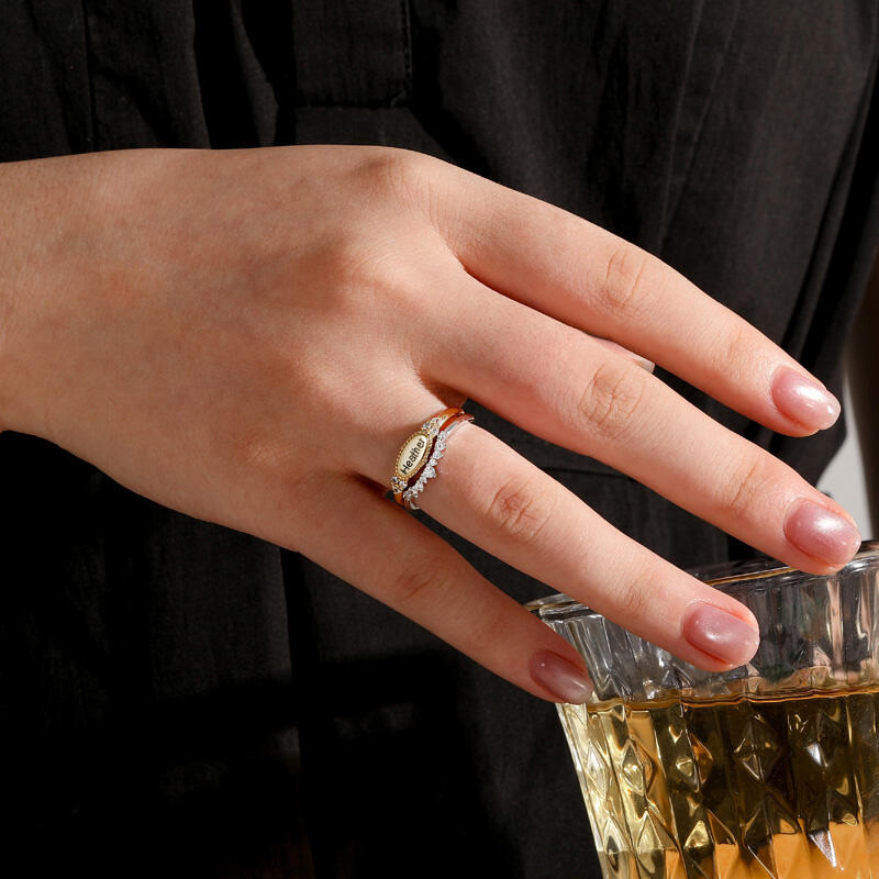 Jeulia Everyday Two Tone Custom Name Beaded Ring Set