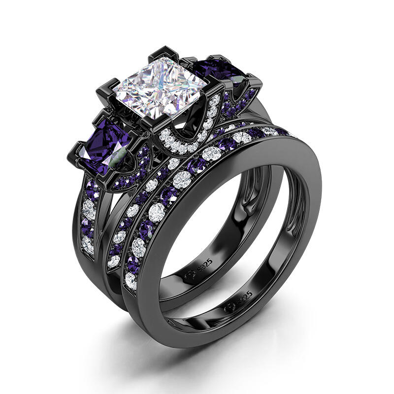 Jeulia Three Stone Princess Cut Sterling Silver Ring Set