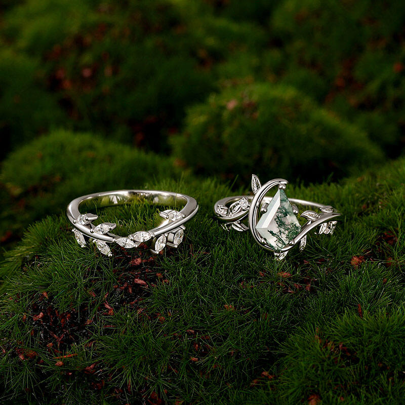 Jeulia Blatt Deltaschliff Moosachat Ring Set aus Sterling Silber