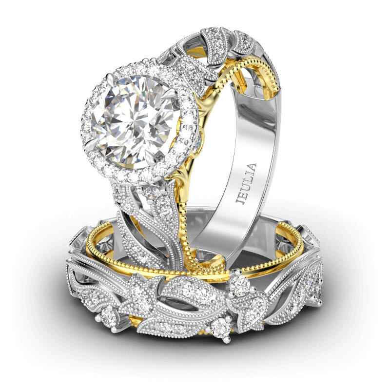 Jeulia Ensemble de Bague Halo en Argent Sterling avec Motif Feuille Coupe Ronde