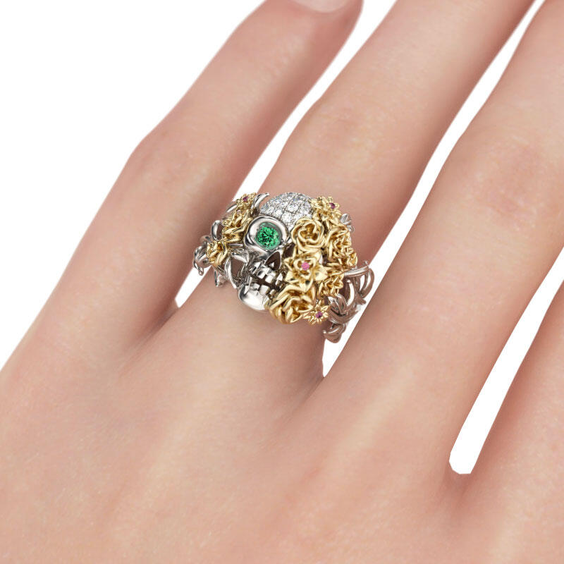 Jeulia Two Tone Floral Round Cut Sterling Silver Skull Ring