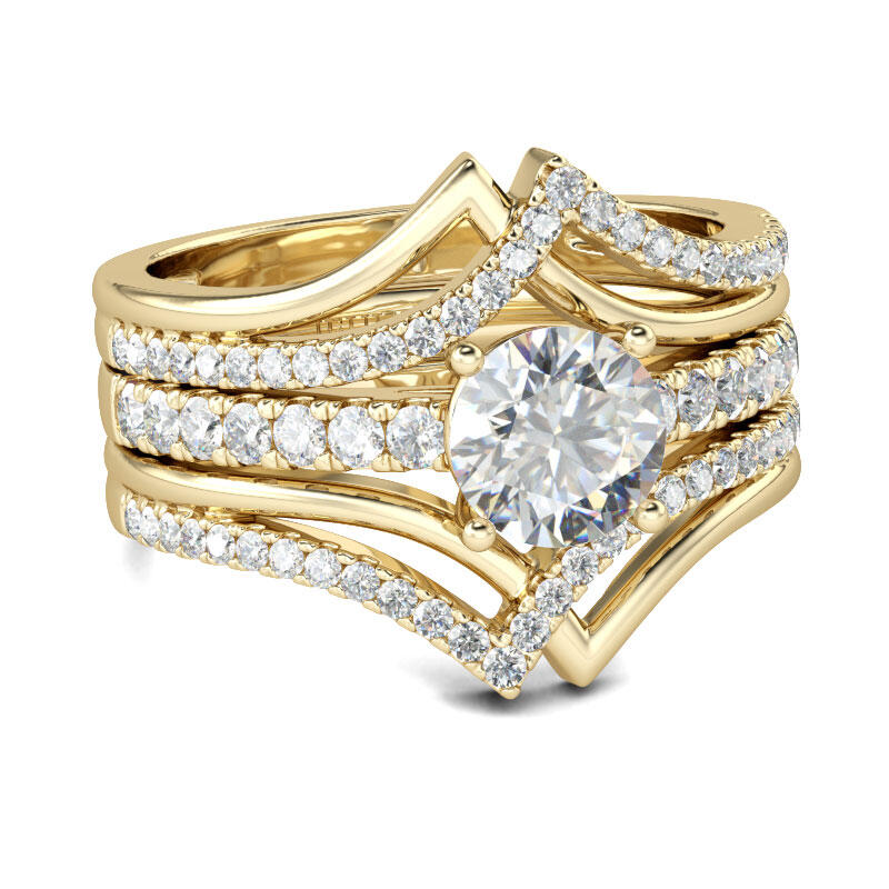 Jeulia Złoto Kolor Przeplatane Okrągłe Cięcie Srebro Szterling 3SZT Zestaw Pierścieni