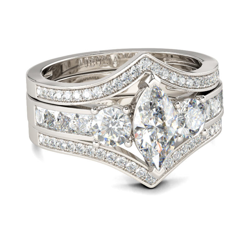 Jeulia Terno de anéis com três pedras lavradas marquês em prata de lei