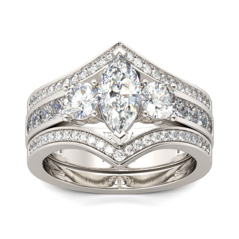 Jeulia Terno de anéis com três pedras lavradas marquês em prata de lei