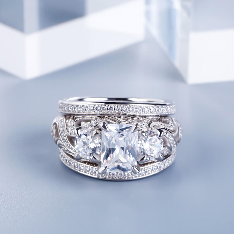 Jeulia Three Stone Scrollwork Radiant Cut Sterling Silver Ring Set