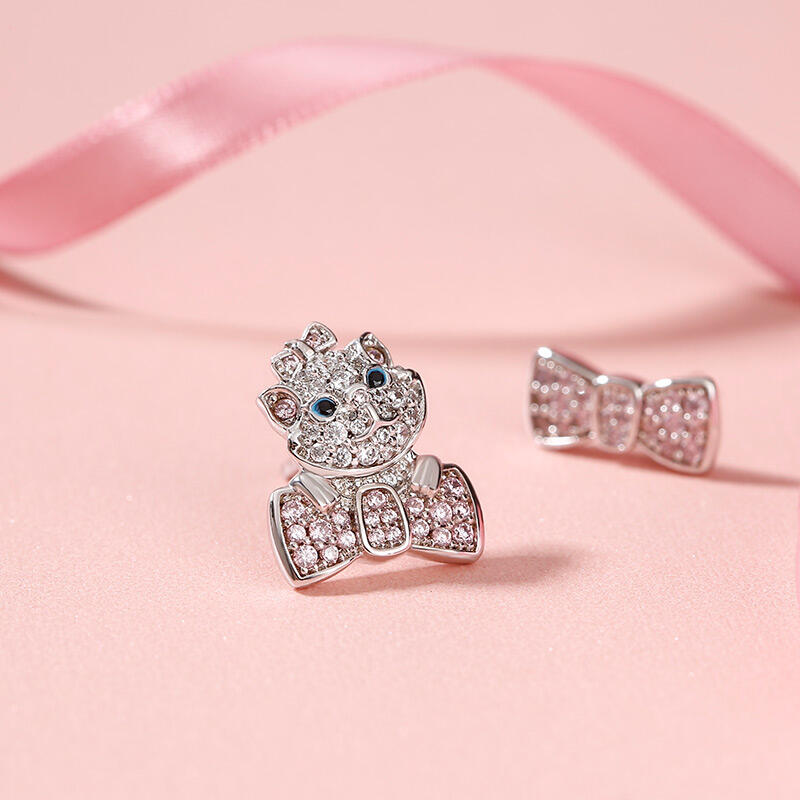 Jeulia "I Love Cats" Bow Design Mismatched Stud Earrings