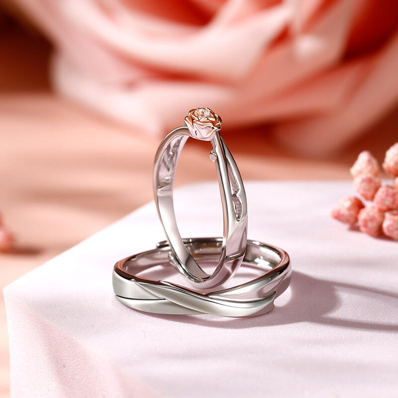 Jeulia Anillos de parejas ajustable con piedra en rosa de plata esterlina