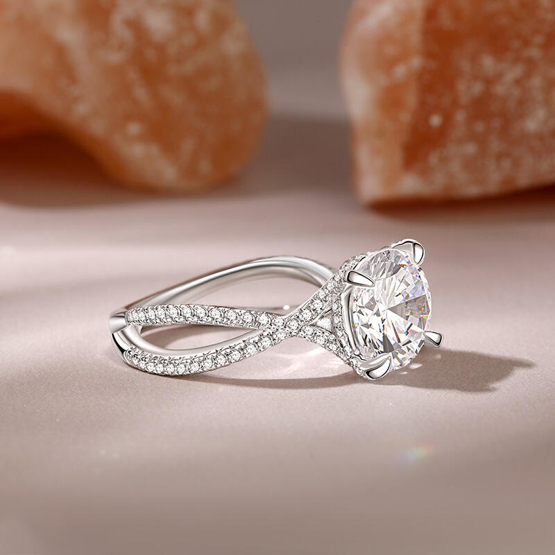 Jeulia Crossover Dual Shank Round Cut Sterling Silver Engagement Ring