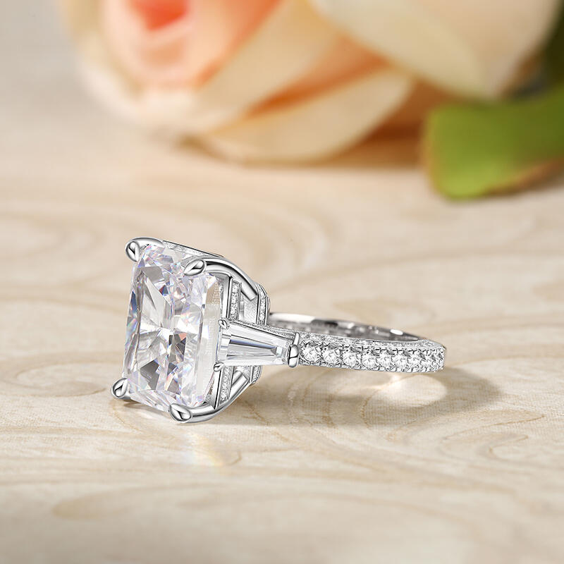 Jeulia Three Stone Emerald Cut Sterling Silver Engagement Ring