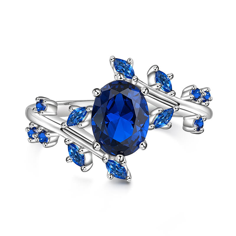 Jeulia Cornflower Leaf Sapphire Oval Engagement Ring Sterling Silver