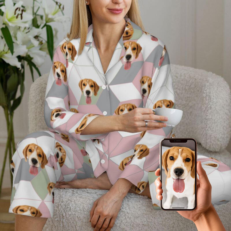 Pyjama personnalisé avec photo d'animal de compagnie, motif géométrique simple et élégant, cadeau pour elle