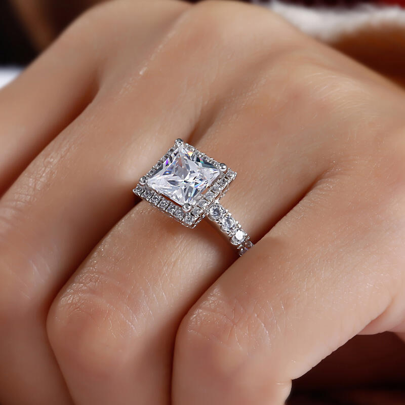 Jeulia Classic Halo Princess Cut Sterling Silver Ring