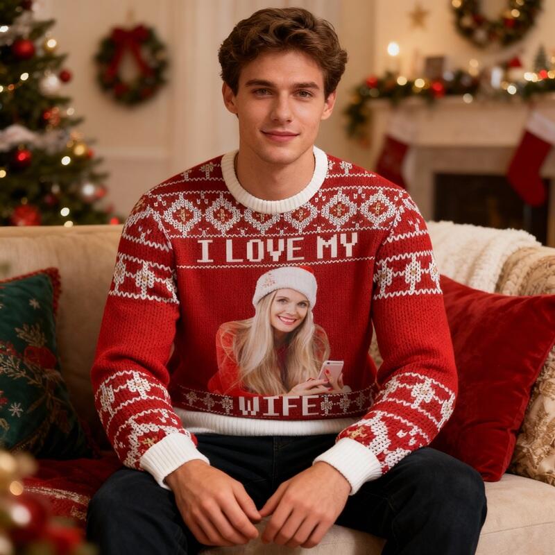 Personalized Ugly Sweater Unisex I Love My Wife Custom Photo Festive Design Christmas Gift for Loved One