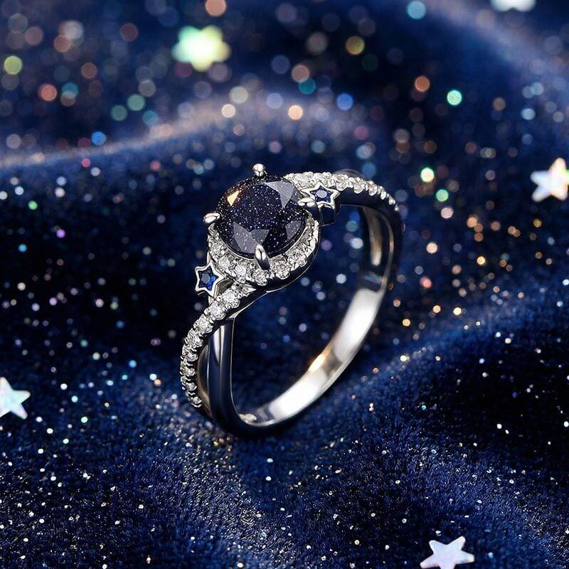 Twist Blue Sandstone Ring with Star Moon Motifs