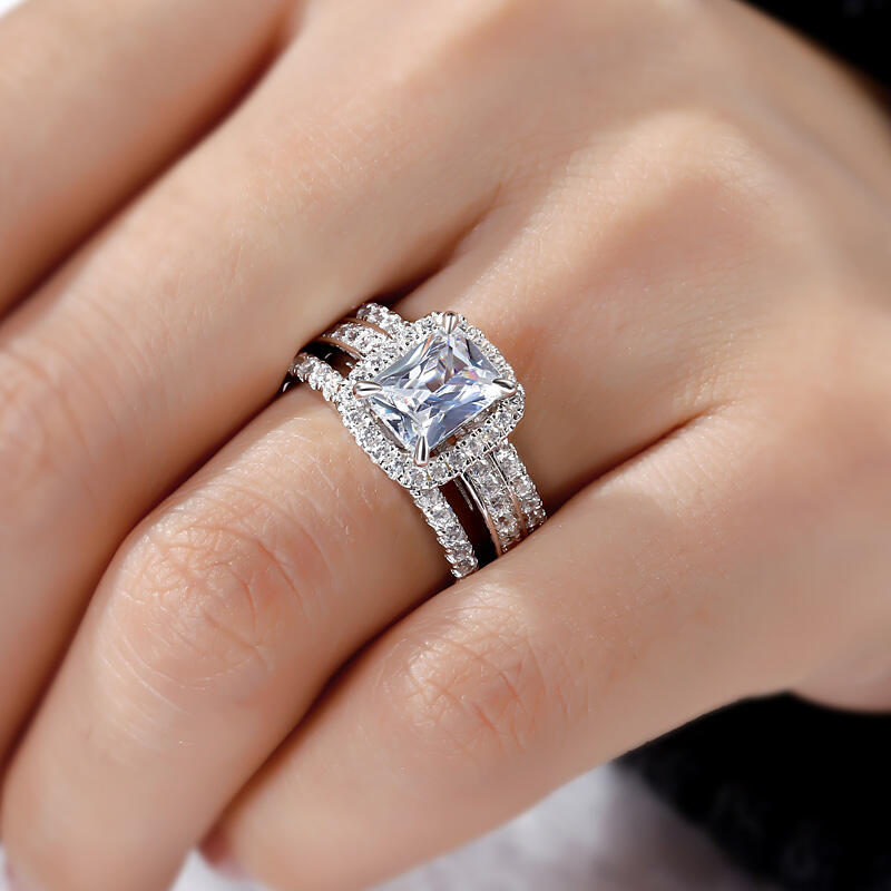 Jeulia Halo Radiant Cut Sterling Silver Enhancer Ring Set