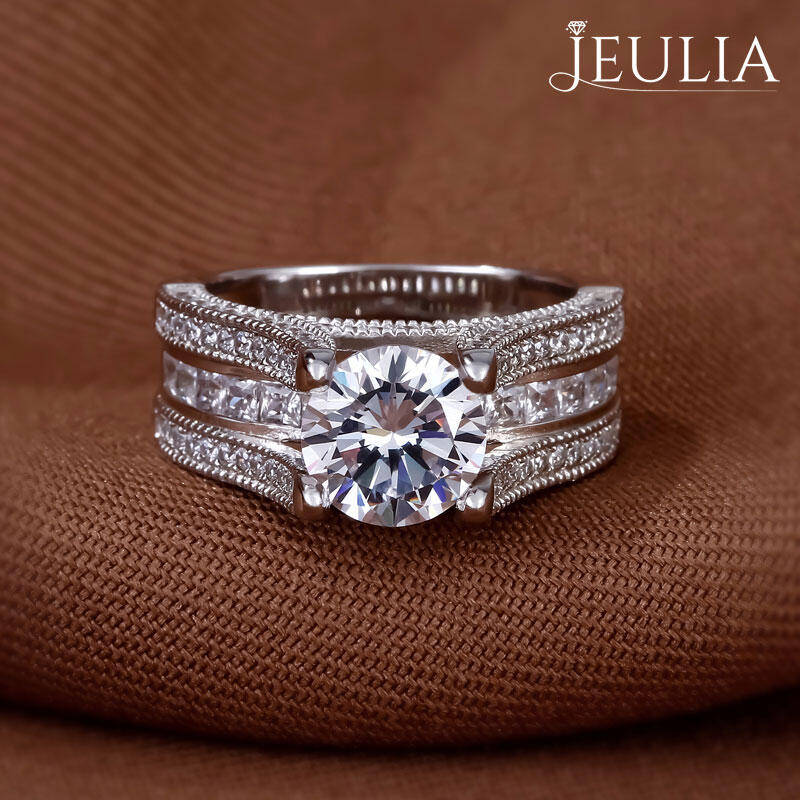 Jeulia Three Side Pave Round Cut Sterling Silver Ring