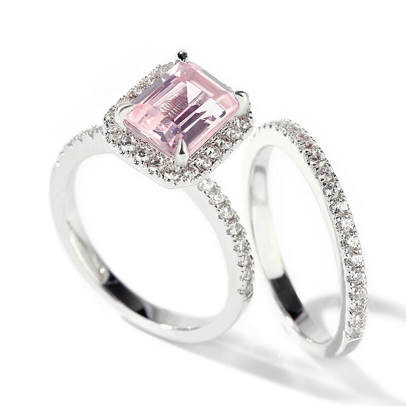 Jeulia Halo Emerald Cut Synthetic Morganite Sterling Silver Ring Set