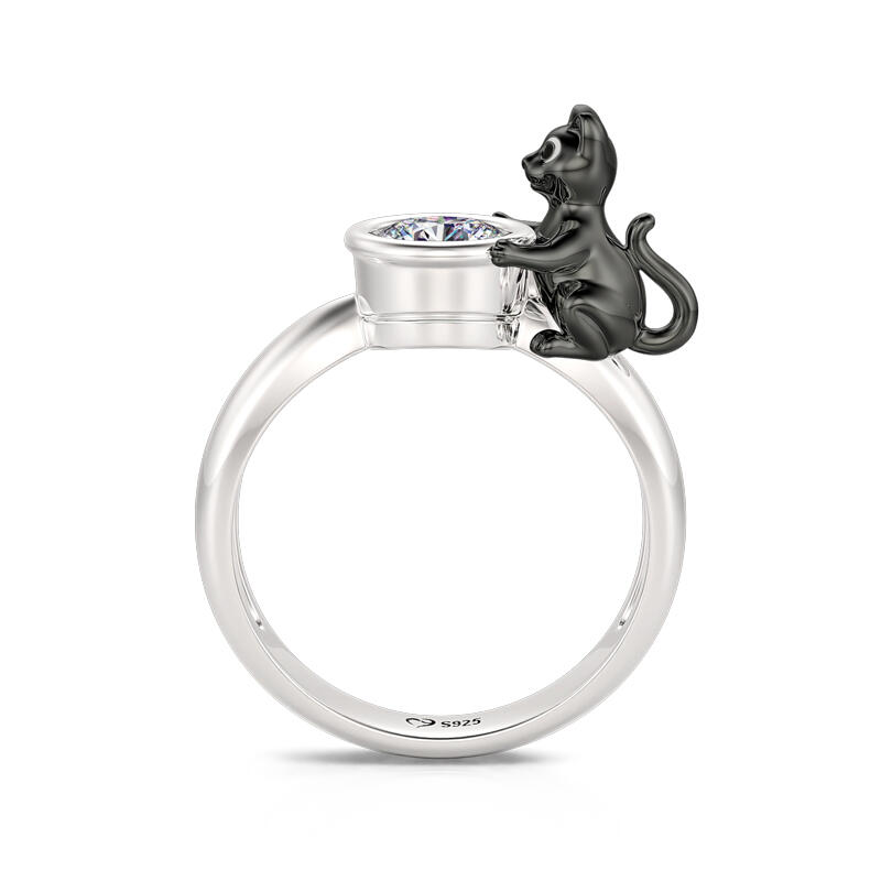 Jeulia Hug Me "Death Witness" Black Cat Round Cut Sterling Silver Ring