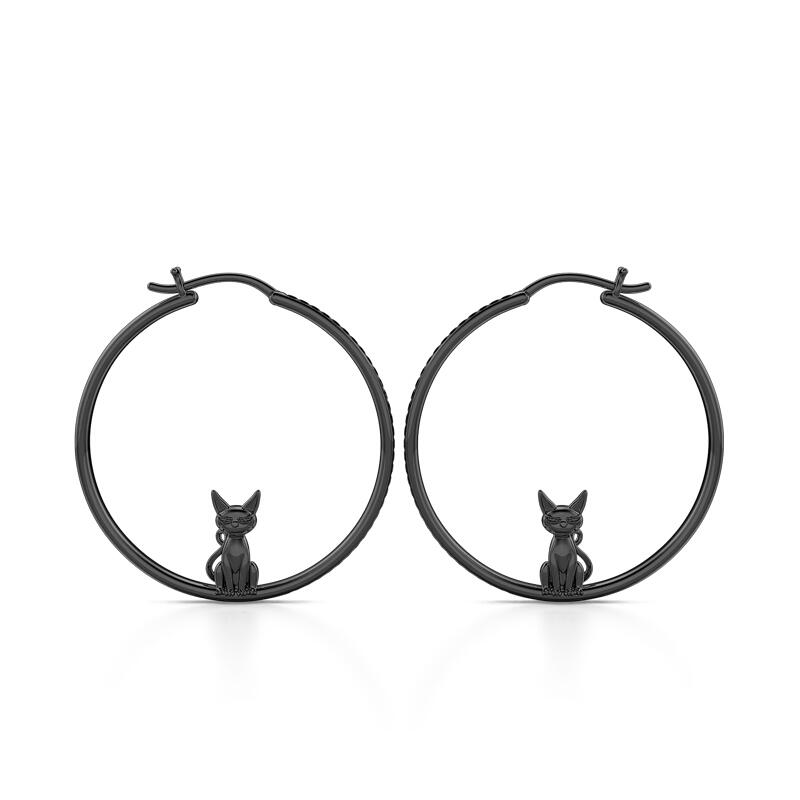 Jeulia "Death Witness" Black Cat Sterling Silver Hoop Earrings