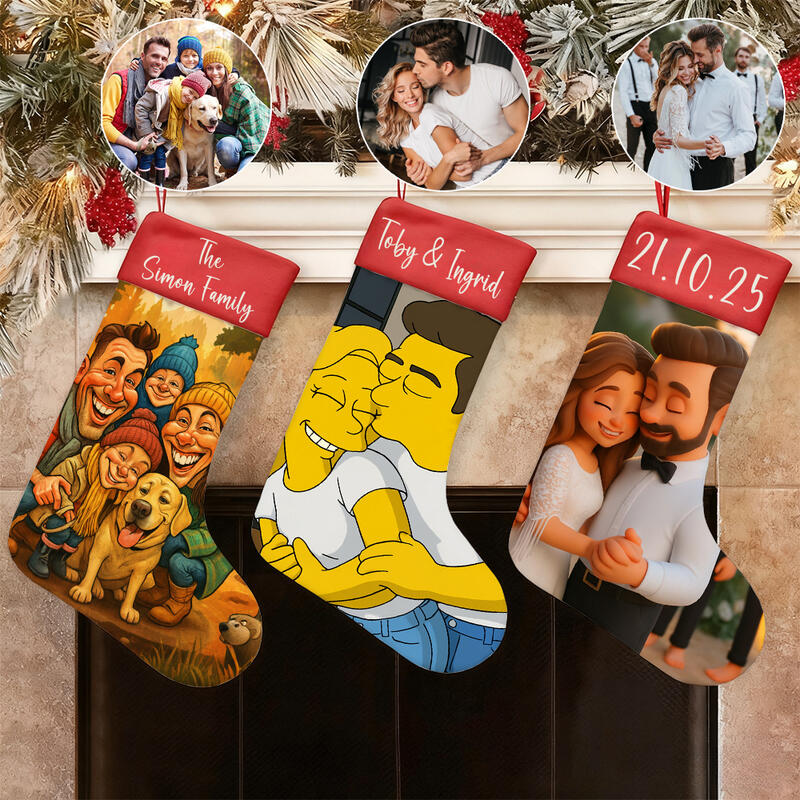 Medias navideñas personalizadas con fotos de dibujos animados y texto. Regalos cálidos para tus seres queridos.