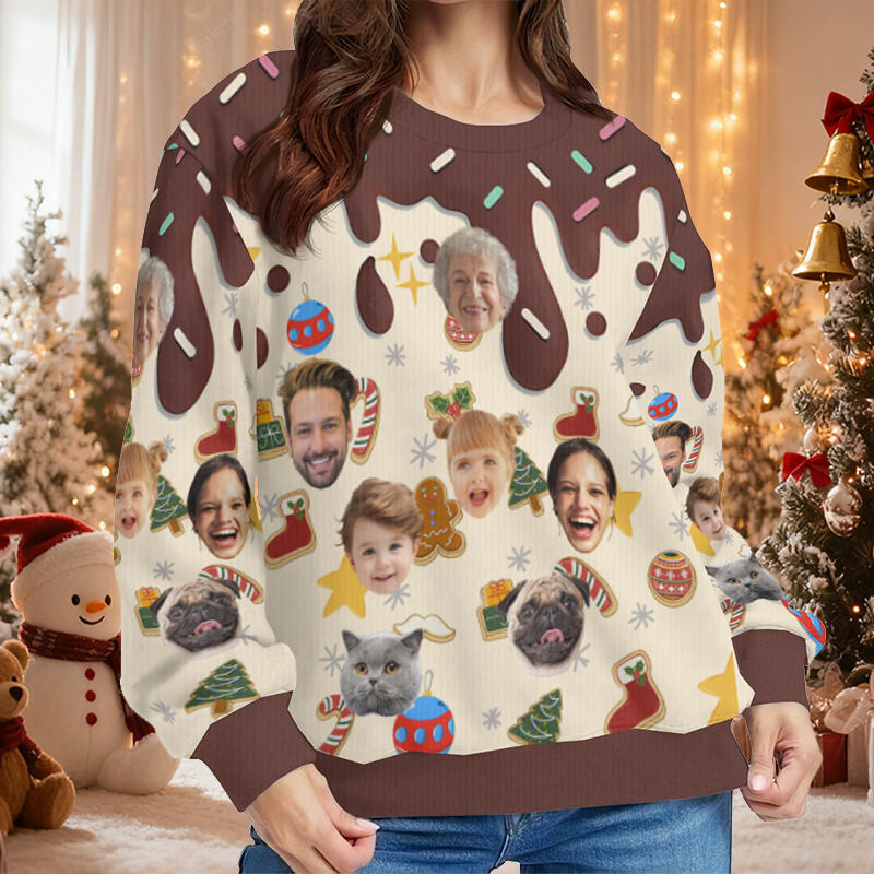 Suéter feo personalizado unisex con foto de cara personalizada, estilo postre, diseño divertido, regalo de Navidad para la familia