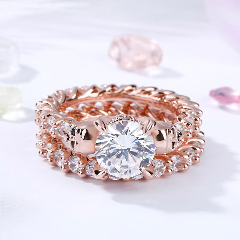 Jeulia Eternity Round Cut Sterling Silver Skull Ring Set