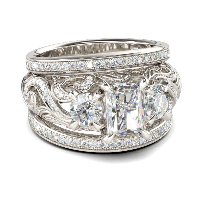 Jeulia Three Stone Scrollwork Radiant Cut Sterling Silver Ring Set