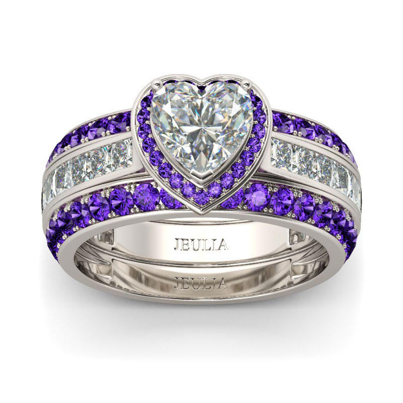 Jeulia 3PC Halo Heart Cut Sterling Silver Ring Set