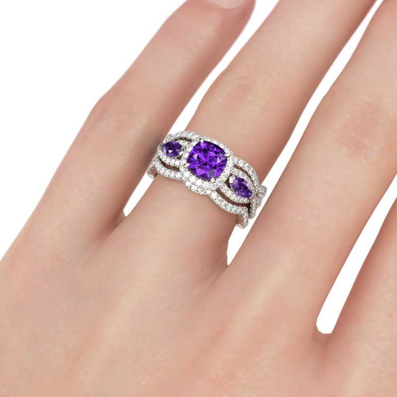 Jeulia Halo Three Stone Cushion Cut Sterling Silver 3PC Ring Set